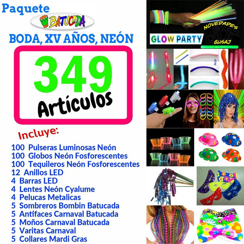 Paquete Batucada Shot Fiesta Neon Boda Cumple Xv Años Led Dj