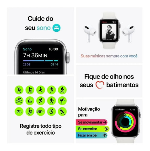 Imagem 6 de 9 de Apple Watch SE (GPS, 40mm) - Caixa de alumínio galactic silver - Pulseira esportiva Branco