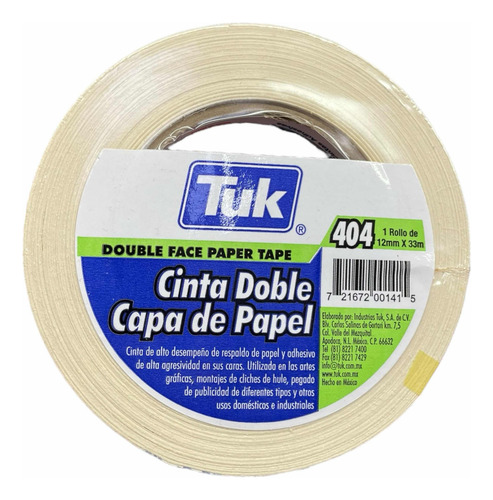 Cinta Doble Capa De Papel Tuk 404 Artes Gráficas 12mm X 33m