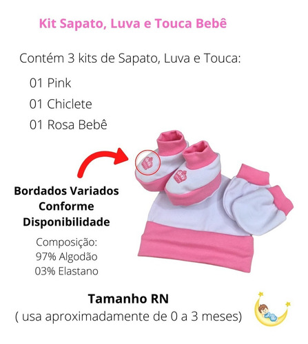 Imagem 2 de 5 de Kit Sapato Luva E Touca Bebê Bordado Para Menina 3 Kit Rosa
