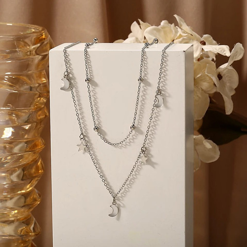 Colar De Prata Feminino Delicado Luxo Cordão Moderno Luas Es