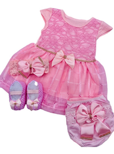 Vestido Luxo Rn A 12 Meses Renda Baby Kit 5 Pç Menina Laço