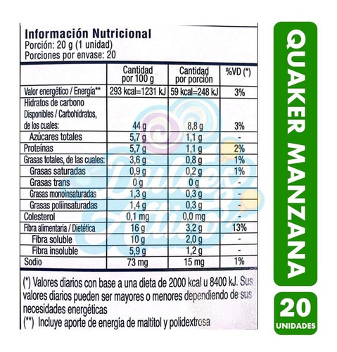 Imagen 3 de 3 de Barras De Cereal Quaker, Sabor Manzana - Caja Con 20 Uni.