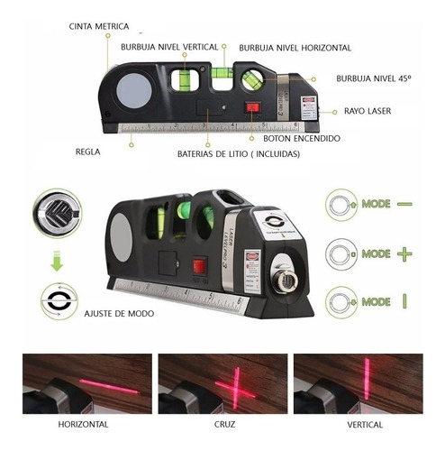 Imagen 7 de 10 de Nivel Laser 3 Burbujas Horizontal Y Vertical Cinta Metrica