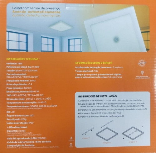 Imagem 6 de 7 de Plafon De Sobrepor Com Sensor Presença 18w Quadrado 6500k