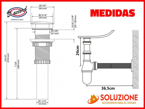 Imagen 3 de 10 de Kit Sifón/desagüe Click Clak Acero Inox D'accord Baño.