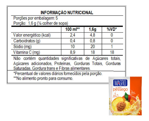 Refresco Em Pó Sabor Pêssego Zero Açúcar Magro 8g Kit Com 15