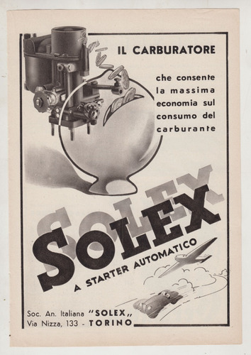 1938 Italia Publicidad Carburador Solex Starter Automatico