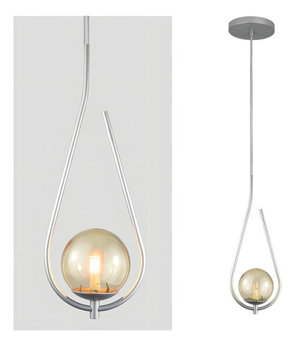 Lámpara colgante On Drop, plata con esfera de cristal ámbar
