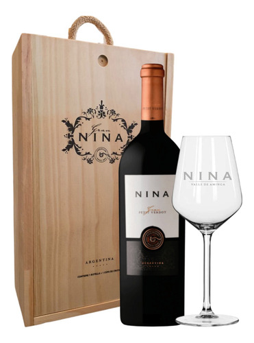 Vino Nina Gran Petit Verdot + Copa. Estuche De Madera Regalo