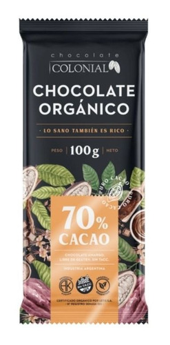 Chocolate Organico Colonial 70% Cacao X 100g Sin Tacc Kosher