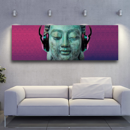 Cuadro Decorativo Buda Con Audífonos Canvas 1.40m X 45cm 
