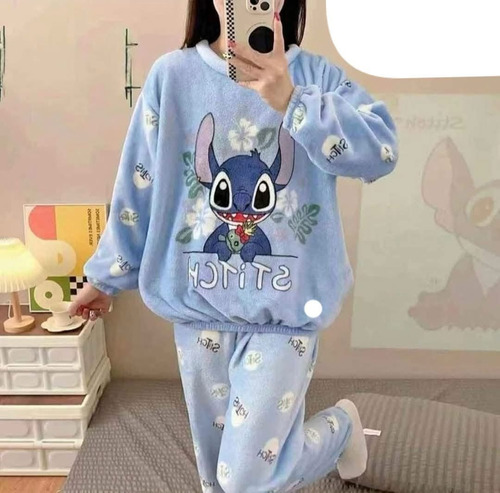 Pijama Stitch 2 Piezas Plush Polar Suave De Otoño Invierno Stitch Rosado Unica