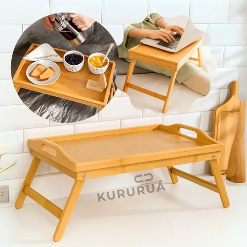 Bandeja Café Da Manha Na Cama Em Bambu Pés Dobraveis 50x30cm Marc...