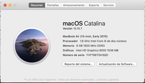 Macbook Air A1466 Plata 13.3 Early 2015