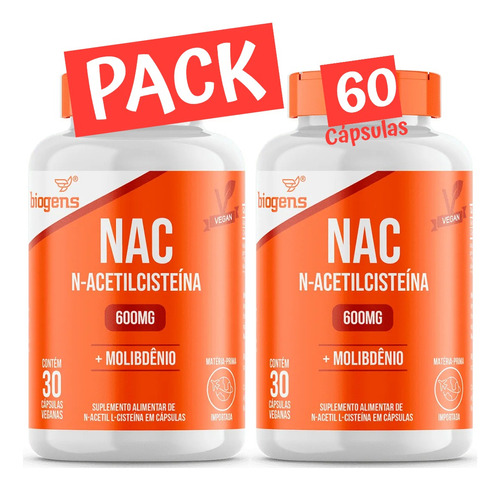 Nac 600mg + Molibdênio, Pack 60 Caps Veganas, Biogens Promo