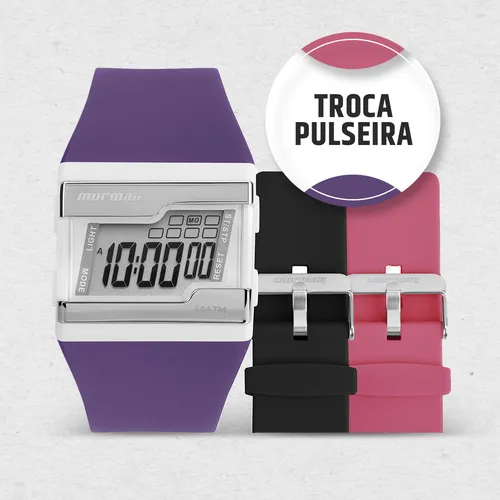 Relógio Digital Feminino Troca Pulseira Com Kit Pulseira Silicone Na Cor Roxo, Preto E Rosa À Prova D' Água Resistência 10 Atm C/ Cronômetro, Alarme, Calendário E Iluminação Noturna Fzna/t8t Mormaii