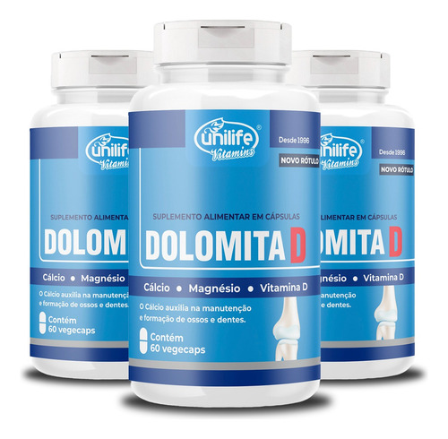Kit 3 Dolomita Com Vitamina D Unilife 60 Cápsulas