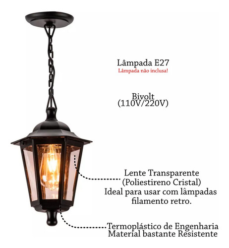 4 Pendente Lente Transp. Retro Externo E27 Preto Lup39