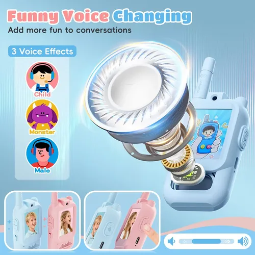 Pack De 2 Video Walkie Talkies Para Niños Con Cámara HD Y Pantalla – Conexión Privada, 4 Modos De Voz Divertidos, Recargable, Ideal Para Aventuras Al Aire Libre Y Camping