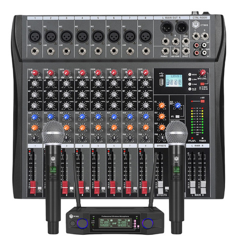 Winmix Mezcladora Mixer De 8 Canales 16 Efectos Ct80s Bluetooth Usb con micrófono Inalámbrico 2 Canales 2 Micrófonos Kit combinado para entretenimiento comercial o doméstico