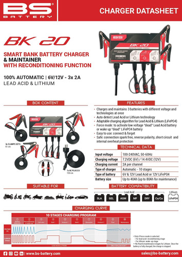 Imagen 8 de 9 de Cargador De Batería Inteligente Para Moto Bs Bk-20 6v/12v