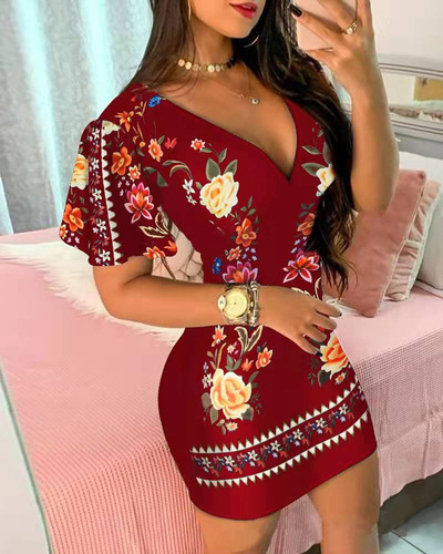 Vestidos Cortos Ajustados Estampado Manga Corta Escote Pico