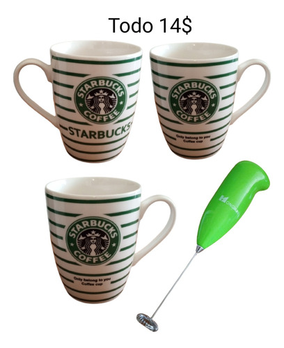 Tasa Para Café Starbucks 400ml, Cerámica. 3 Tasas + Batidor