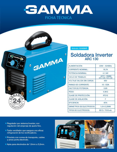 Imagen 3 de 5 de Soldadora Eléctrica Inverter Arc 130 Gamma 130 Amp - 3,2mm