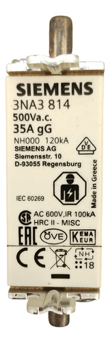 Cartucho Fusible Nh Tamaño 000 35a Siemens 3na3814