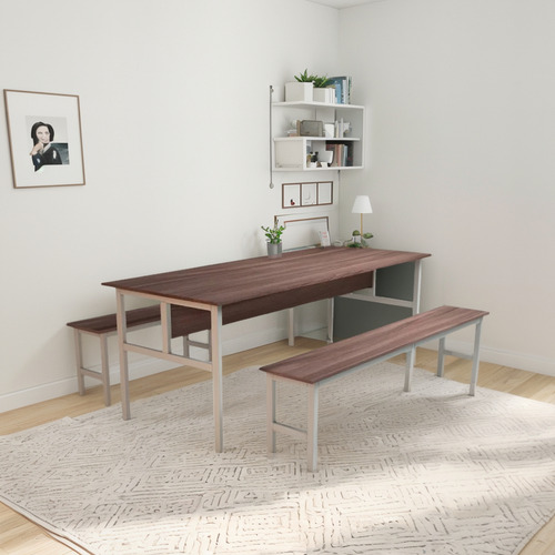 Mesa Refeitório 6 Lugares Com Banco Escolar Empresa Copa Carvalho/cinza Cristal