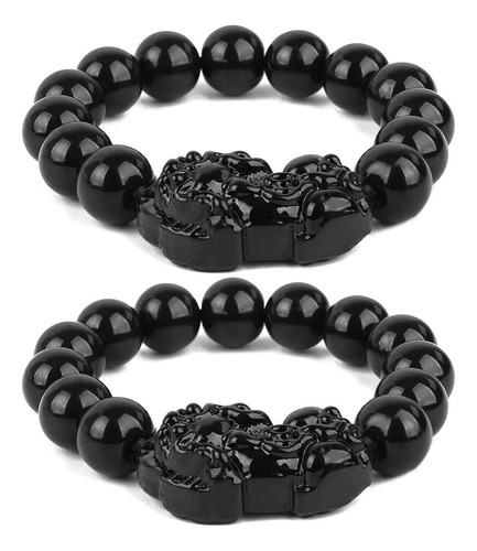 2pcs Pixiu Pulsera Feng Shui Negro Obsidiana Riqueza Pulsera