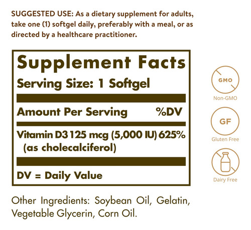 Solgar Vitamina D3 5000 Ui 125 Mcg Cápsulas Blandas 100