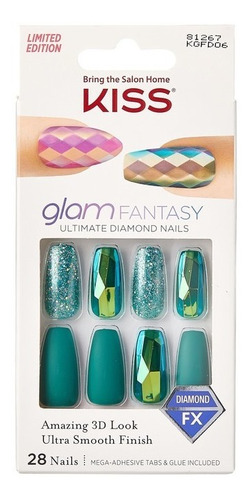 Uñas Glue-on Kiss Glam Fantasy - Diamond Emerald