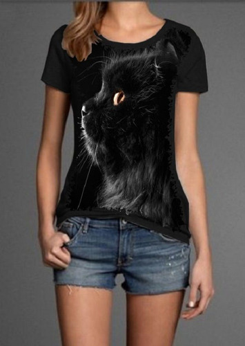 Camiseta Fem. Animal Gato Preto Personalizada Customizada