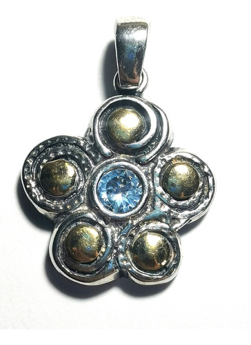 Dije De Plata Y Oro Diseño Flor Cubic Celeste Hermoso