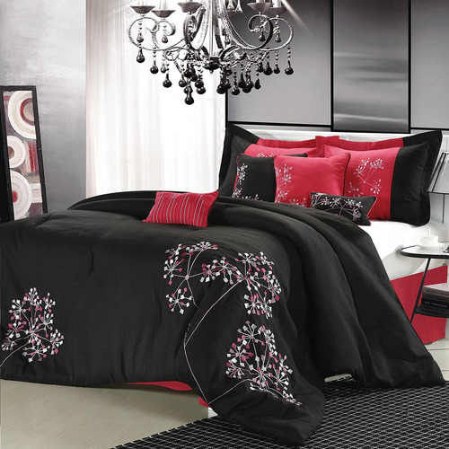 Rosa Floral Negro Comforter Bed In A Bag Set 8 piezas, Neg.