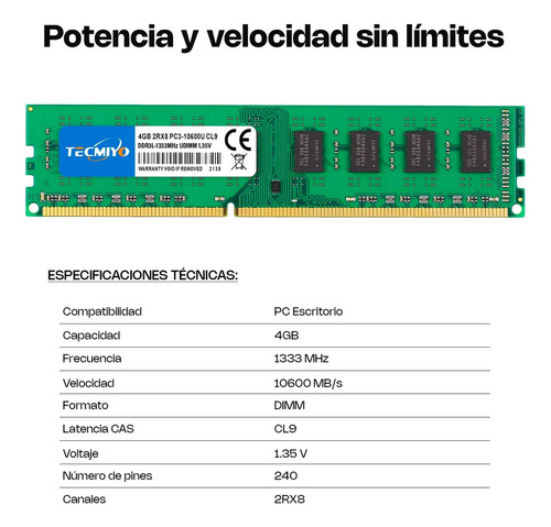 Memoria Ram 4gb Ddr3l 1333 Mhz Tecmiyo Para Pc Escritorio