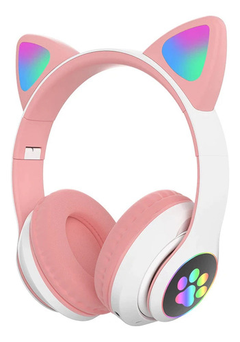 Fone De Ouvido Bluetooth Led Orelha Gato Iuz Headphone Cor Rosa Luz Rgb