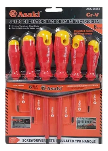 Set De 6 Destornilladores Aisladores Asaki Electricista Ask-