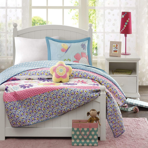 Juego De Edredón Niña Azul Cielo Rosa Flores 4 Piezas Matrim