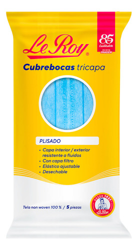 Cubreboca Desechable Plisado Azul Le Roy Paquete De 5 Pz