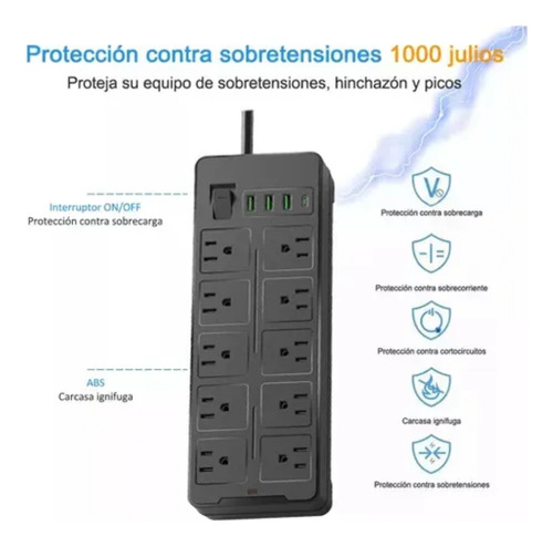 2 Multicontacto De 10 Tomas 2500w,10a Usb Cable De 2 Metros