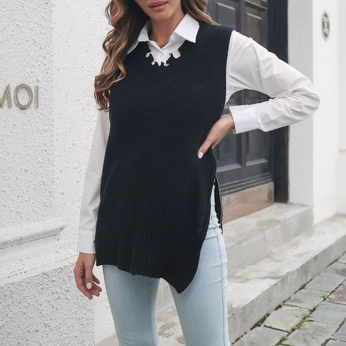 Chaleco De Punto Con Cuello En V Con Cremallera Lateral Y Cr