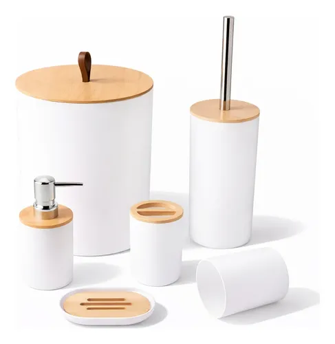 Kit Banheiro Bambu 6 Peças Completo Lavabo Lixeira Top Luxo