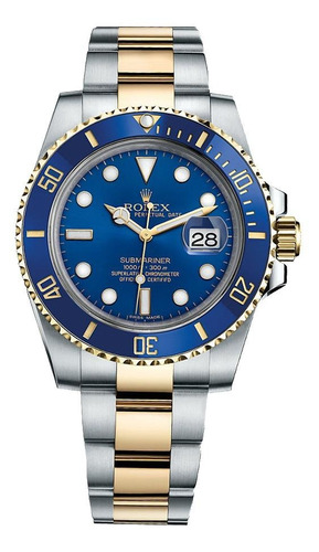 Relógio de pulso Rolex Oyster Perpetual Submariner date com corpo prateado,  analógico, fundo  azul, com correia de aço oystersteel cor prateado e dourado, agulhas cor branco e dourado, subdials de cor branco e dourado, ponteiro de minutos/segundos prateado, bisel cor azul, luz azul-celeste e dobrável