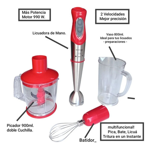Mini Pimer Industrial Potente 990w 5en1 Batidor Procesador Rojo