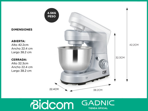 Batidora Planetaria Gadnic 1200w Cocina Panes 5 L Inoxidable