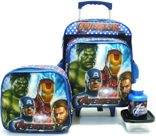 Kit Mochila Vingadores Avengers Rodinhas M + Lancheira F4