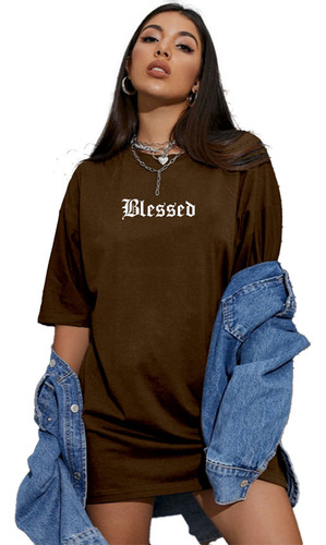 Camiseta Blessed Grafitado Plus Size Moderna Oversized Frase